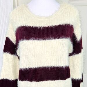 NWOT Chelsea & Violet sweater, cream/eggplant stripes, size sm